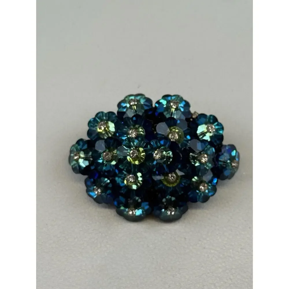 Vintage Blue Green Marguerite Rivoli Flower Beaded Brooch